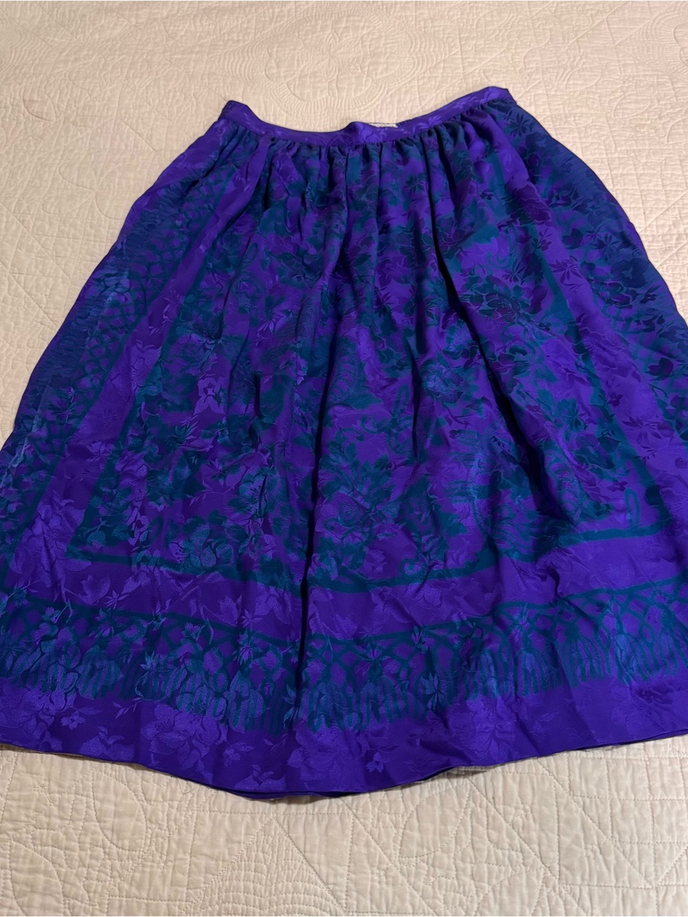 Vintage Purple Floral A-Line 100% Silk Midi Skirt